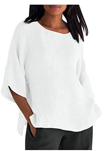 Chemise Femme Coton Blouse Ete Casual Chic Elégant Oversize Couleur Unie Grande Taille Ample Top Hauts Col en V Bouton Manche Longue/Courte Tunique Travail Lâche Leger Respirant Tee Shirt