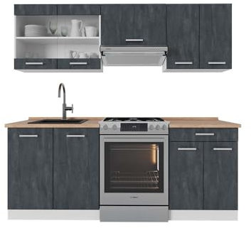 Vicco Küchenzeile R-Line, Küchenblock, Schwarz Beton/Weiß, 200 cm AP Eiche
