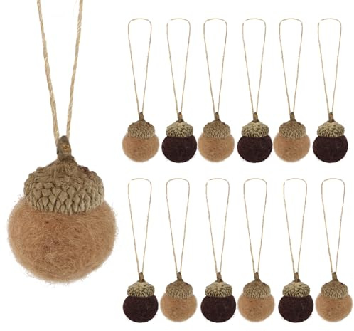 GEBETTER 12Pcs Bellotas Decorativas Marrones Fieltro Hechos a Mano 2 Modelos, Decoración Árbol Navidad Otoño Invierno Caja Regalo Adorno Colgante Otoñal Navideño Hogar Habitación Fiesta Niños (Marrón)