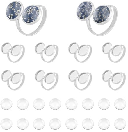 UNICRAFTALE 16 Stück Fingerring Rohling 17mm Verstellbar Offener Manschettenring Beschläge Glas Cabochon Basis Edelstahl Flache Runde Pad Ring Basis Lünettenschale 10mm Zur Schmuckherstellung