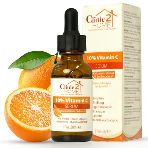 Clinic2Home Siero alla Vitamina C per il Viso - Potente Siero Vit C al 10% per Macchie Scure, Rughe e Linee Sottili - Anti-Invecchiamento, Stimolante del Collagene e Illuminante, Cura della Pelle