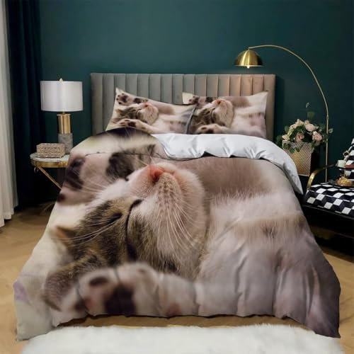 CHCHNXY Bettwäsche 200x200,Katze 3 Teilig Weich Und Atmungsaktiv Bettwäsche-Set,Für Jugendliche Erwachsene 1 Bettbezüge Mit Reißverschluss Und 2 Kissenbezug 80x80cm