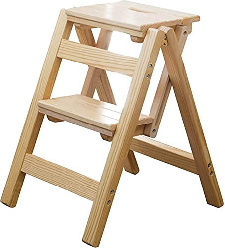 KUANGGE LeiterTritthocker, zusammenklappbare 2-Stufen-Leiter aus Holz, kompakter, Rutschfester Kletterhocker für Erwachsene, multifunktionaler Pflanzenständer für Zuhause/in der Garage/im Büro/im Ga