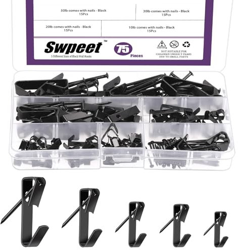 Sweet Lot de 75 cintres noirs de 5 tailles kilogramme avec kit d'assortiment de clous, crochets de suspension en métal, crochets robustes pour cadres photo