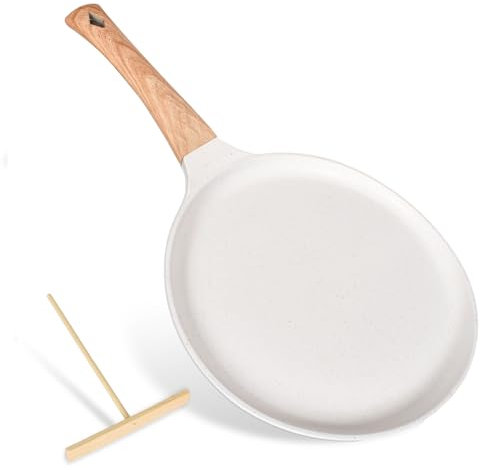 Sartén para Crepes 24cm con Distribuidor de Masa, Mango Extraíble, Sartén para Tortillas, Revestimiento piedra medica Antiadherente, Apto para Todo Tipo de Cocinas Incluida Inducción (Blanco)