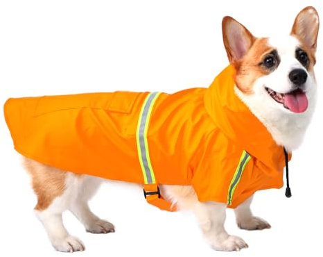 BWBIKE Wasserdichter Hunderegenmantel Verstellbare Regenfeste Kleidung für Haustiere Leichte Hunderegenjacke Poncho Hoodies mit Reflektierendem Streifen für Kleine Mittlere Große Hunde, Orange, L
