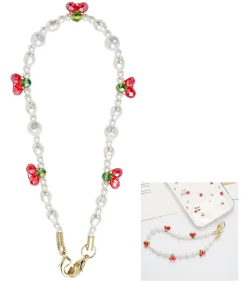 LMXWLYLYT Catena per cellulare con perle di ciliegio per cellulare, cavo per cellulare, colore bianco e rosso, portachiavi ciliegia, braccialetti per telefono