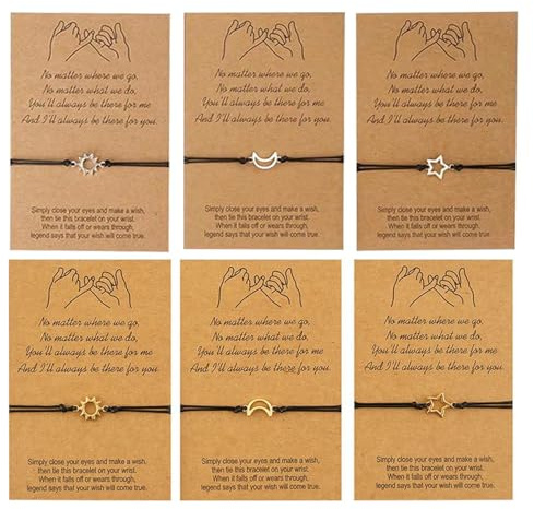 WUFGWBD 6 Pieces of Sun, Moon and Star Bracelets with Cards, Simple Bracelets, Friendship Bracelets, Fashionable and Creative Bracelets, Adjustable Braided Rope Bracelets