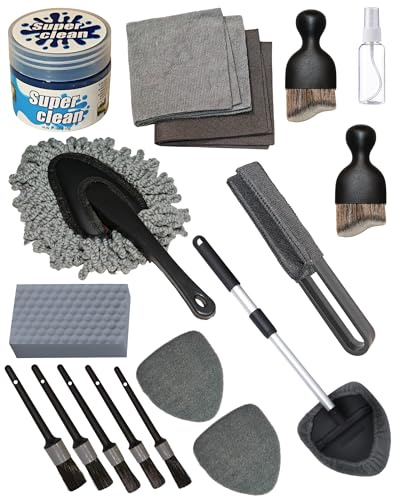 oesee 18Pcs Professional Car Interior Detailing Kit All-in-One Cleaning Tools for Windows, Dashboard, Vents, Windshield Cleaner Brush, Magic Sponge, Chamois Cloth, Detailing Brushes & Accessories