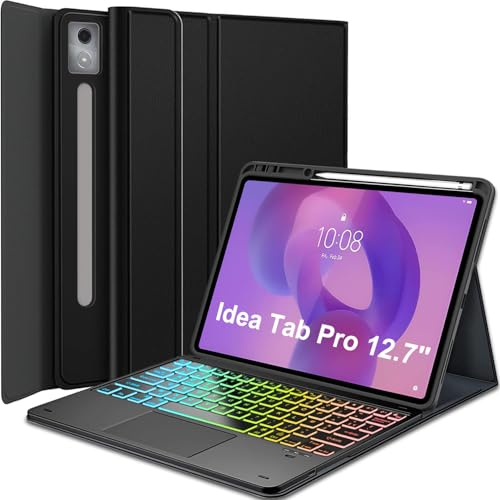 Nanhent Rétroéclairé Clavier Coque pour Lenovo Idea Tab Pro 12.7 Pouces 2025 TB-373FU TB-375FC, Smart Touchpad, AZERTY Français Amovible Bluetooth sans Fil Clavier avec Housse Étui Cuir PU