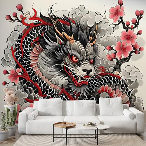 Boceoey Papier Peint Panoramique Dragon Japonais Fleurs De Cerisier - Papier Peint Intissé Autocollant - Océan Japon Décoration Murale - Adhésif Mural pour Salon Chambre, 250x175 cm - S-799