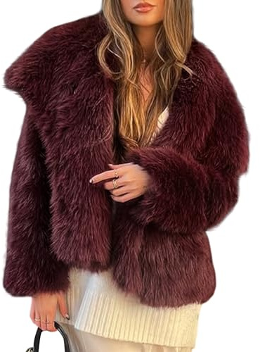 Yimoon Abrigo de piel sintética para mujer, con solapa, frente abierto, mullido, abrigo de invierno cálido, Vino tinto, Large