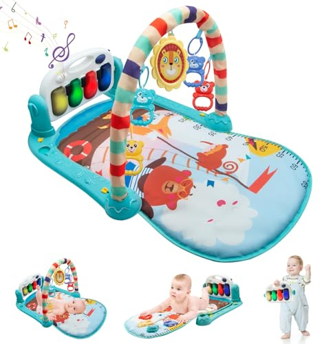 WHDJSPIN® Baby Play Mat, Music & Light Baby Gym Piano Playmat 0-36 Month Thicken Baby Play Gym with Animal Rattles, Babies Activity Center for Newborn Infant Gifts Toys, Bluezoo
