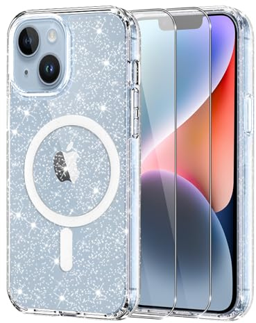 Knrlqim Coque Paillettes pour iPhone 14/13, Compatible avec MagSafe | Étui Transparent TPU Brillant, avec 2x Verre Trempé 9H, Antichoc Antirays, Glitzer Case Magnétique pour iPhone 14/13