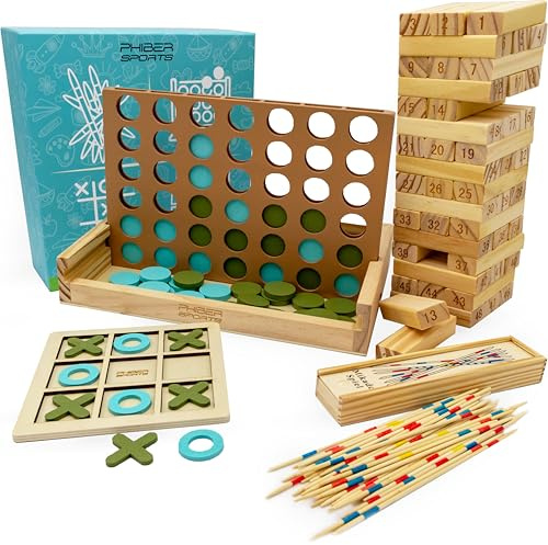 Jeux en Bois 4-en-1 : Quatre-en-Ligne, Morpion, Mikado & Tour Instable – Collection Jeux Classiques Bois – Idée Cadeau Enfants & Adultes – Durable, Écologique & sans Plastique