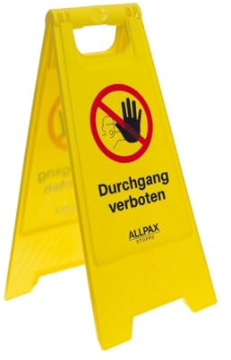 Allpax STOPPO Warnschild „Durchgang verboten“, klappbar, 29,5 x 61 cm, auffälliger Hinweis-Aufsteller mit beidseitigem Aufdruck, Hinweisschild, Gefahrhinweis, gelb