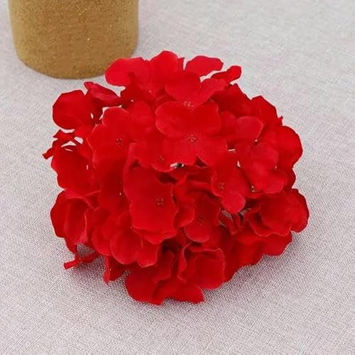 54 teste di ortensie artificiali, 54 teste di ortensie in seta, fiori artificiali, ortensie finte per casa, matrimoni, feste, tavolo da pranzo, decorazione rossa, con stelo (rosso, senza stelo)