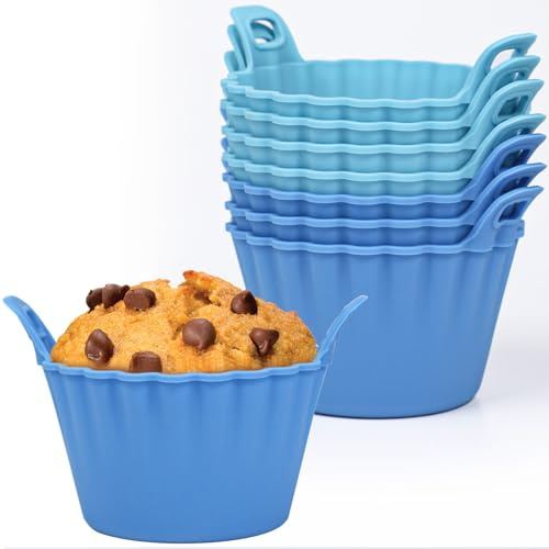 KOLUTI Nonstick Silicone Muffin Baking Cups Pack of 8, Reusable Cupcake Molds with Double Handle, BPA Free, Small Round Air Fryer Cupcakes Liner, 2 Colors