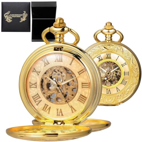 DerMacht Mechanical Roman Numerals Dial Black Gold Skeleton Pocket Watches with Box and Chains for Mens Women