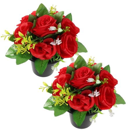 Amosfun 1 Paire décoration de Pierre tombale décorations du cimetière Fleurs pour Vase de cimetière décorations funéraires pour cimetière Bouquet de Roses artificielles Habit en Soie Rouge