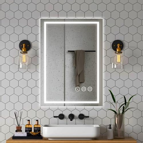 Simusi Badspiegel mit Beleuchtung LED, 50x70cm Spiegel mit Light, Wandspiegel mit Frontbeleuchtung, Antibeschlagfunktion, Dimmbar, mit 3 Einstellbaren Lichtfarben
