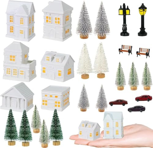 GW Box 29 Pcs 1.5 Inch Christmas Miniature Houses | Figurines Snow Village Houses Mini Tree Miniature Christmas Town Set for White Winter Traditional Christmas Decor