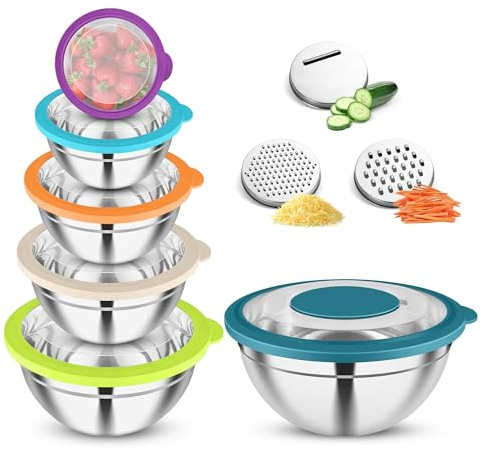 Joyfair blandningsskål set om 6, rostfritt stål skål med transparent lock & 3 rivtillbehör, 4,5 l/2,7 L/2 L/1,5 L/1,2 L/0,7 l, salladsskål för matlagning bakning, stapelbar & diskmaskinssäker