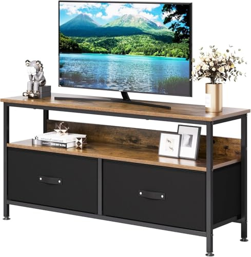 Mobile TV, console multimediale con 2 cassetti in tessuto e ripiano aperto, tavolo TV in legno con gambe regolabili per soggiorno, camera da letto, adatto per TV fino a 55 pollici, 99 x 57 x 30 cm