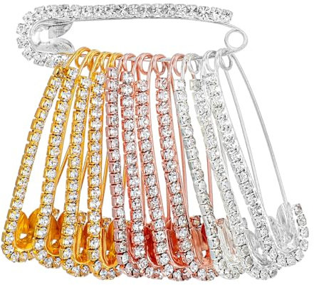 XLIUAX 12 Pcs Safety Pins for Clothes, Brooches and Pins for Women Safety Pin Decorative Pin for Clothing Rhinestone Brooch for Clothes Hats Shawl Women Large Shawl Charms (Gold Silver Rose Gold)