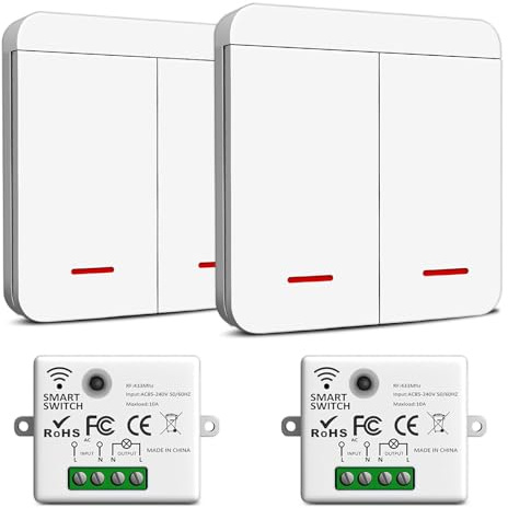Juego de interruptores de luz inalámbricos de 230 V, interruptor de seguridad y controlador de receptor, interruptor de pared impermeable para conmutación de luz de hasta 1500 W, 2 receptores y 12