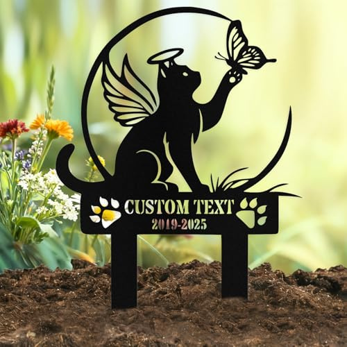 Qodwei Custom Cat Grave Marker Outdoor, Personalized Metal Cat Memorial Grave Stake with Name and Date, Outdoor Waterrproof Cats Memorial Plaque