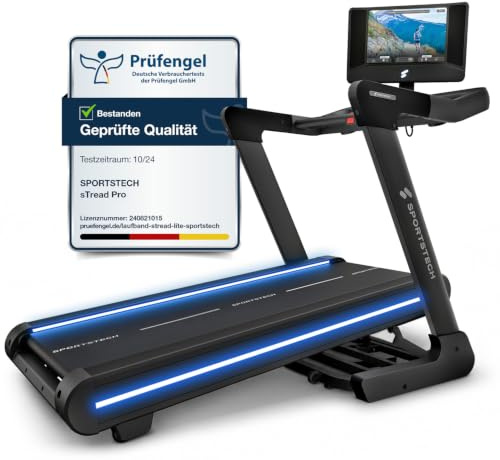 Sportstech Laufband für Zuhause klappbar leise, Laufband mit Steigung 12%, inkl.12 Monate App Premium-Mitgliedschaft, 150kg belastbar, bis 20 km/h, Display, LEDs, 7 PS Motor, Treadmill, sTread Pro
