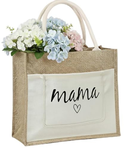 SZKKQKJ Borsa In Juta Personalizzata Con Scritta Mama E Cuore, Regalo Di Compleanno Per Madri E Donne Incinte, Borsa In Juta Da Plottare Per La Festa Della Mamma, Natale, 35 X 30 X 14 Cm