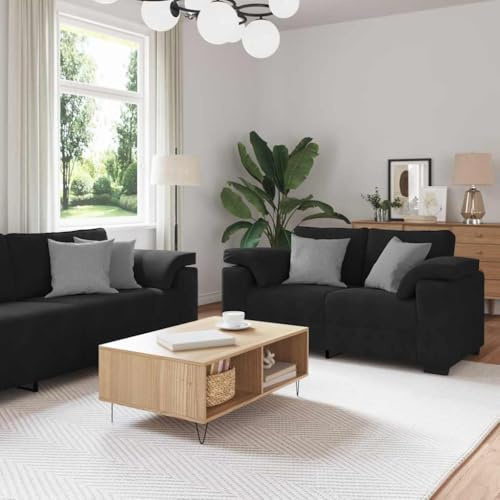 Mandloder Schwarzes Samt 2-teiliges Sofa-Set, weich gepolstert, Stabiler Holz-Metallrahmen, breite Armlehnen, 2-Sitzer & 3-Sitzer Couchgarnitur für Wohnzimmer, Gästezimmer