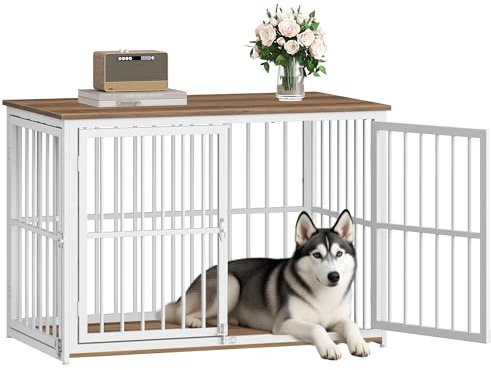 Fobyfurny Hundbur, 100 cm Träbur med 3 Dörrar och Justerbar Sidodörr, Sidobord för Medelstora till Stora Hundar, Hundbur för Inomhusbruk, 100 L x 60 B x 70 H cm, Rustikbrun och Vit FPDC012FWR1
