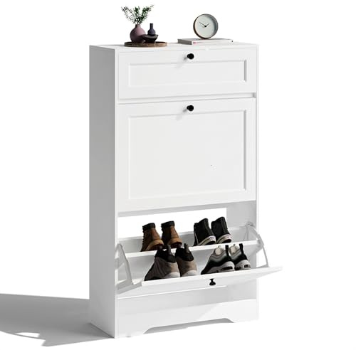 Xbro Schuhschrank mit Schublade und 2 Klappen, Schuhkipper Schmal, Schuhregal für 10–12 Paar Schuhe, mit verstellbaren Trennwänden, für Flur und Eingangsbereich, 60 x 24 x 102 cm, Weiß