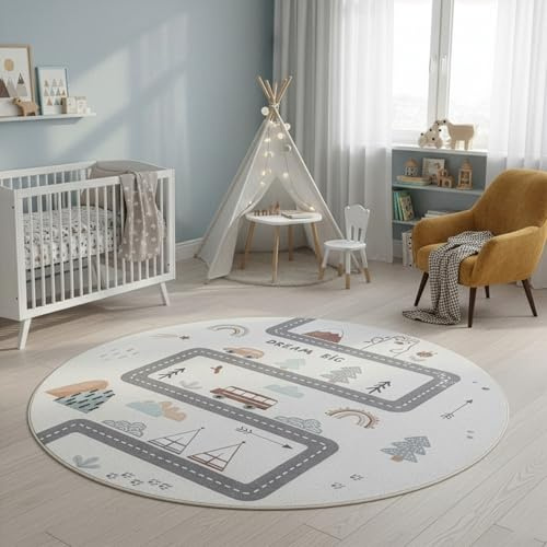 SIMPEX Kinderteppich Straße Spielteppich rund 120 cm für Kinderzimmer in Creme mit Fahrzeug Motiv ideal für kleine Spielecken