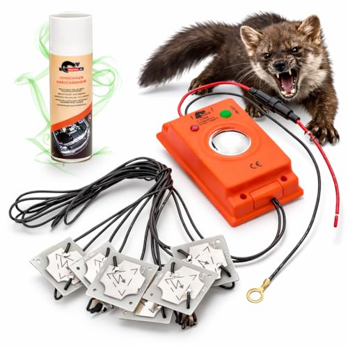 Marderfix Marderabwehr komplett Set bestehend aus Hochspannungsgerät mit Ultraschall, On-Off Schalter,12V Anschluss und Duftmarkenentferner - Marderschreck, Marderschreck Auto