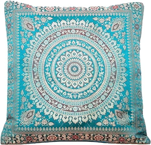 Handgefertigt Türkis-Grün Dekokissen aus Indische Banarasi Seide - 40 cm x 40 cm | 16 x 16 Zoll. ***Handgewebt und handgenäht von Kunsthandwerkern aus Kaschmir-Indien***Unsere Markenspezialität***
