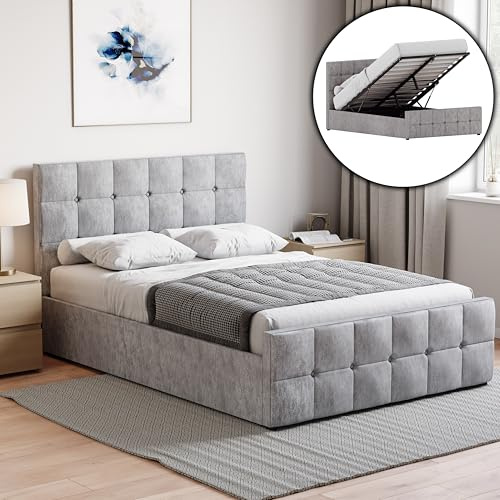 Vida Designs Valentina Double Ottoman Bed Frame | Crushed Velvet Silver| 105 H x 144 W x 207 D cm | Upholstered Velvet Headboard | Gas Lift | Large Storage | Slatted Base | Premium Bedroom Furniture