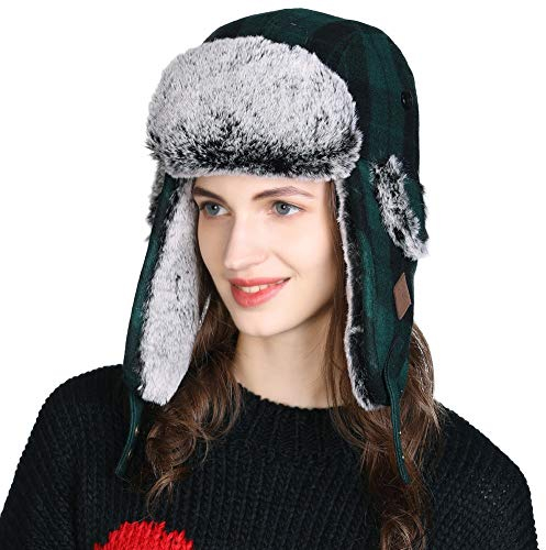 FANCET Unisex warme Fliegermütze Winter weiche Trappermütze mit Kunstfell Winddicht Grün M/L