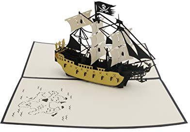 design3dkarten® Piratenschiff, Seeräuberschiff, Pirat, Marine, Freibeuter, Korsar, Piratenparty, 3d Klappkarte, Pop Up Karte, Glückwunschkarte, Grußkarte, Geschenkkarte, Geburtstagskarte