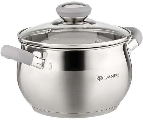 Daniks Modern Faitout Inox 16 cm 2 L, Casserole avec Couvercle en Verre, Tous Feux y Compris Induction, Poignées en Silicone, Échelle de Mesure, Argent