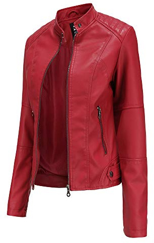 Hiser Mujer Chaqueta de Cuero con Bolsillos y Cremallera, Slim fit Manga Larga Casual Otoño Invierno Chaqueta Corta de PU Cazadora Ropa de Abrigo (Rojo,XL)