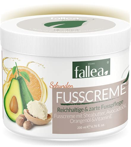 fallea Sheabutter Sekunden Fußcreme mit Avocadoöl, Orangenöl & VitaminE | Reichhaltig gepflegte Füße 24h Feuchtigkeit | Fusspflege für trockene Füße und jeden Hauttyp (200ml)