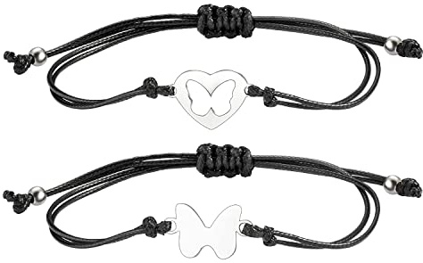 2pcs bracelets d'amitié papillon en argent pour femmes filles,cadeau bracelet de dames d'amour de corde en filigrane délicat réglable pour le couple BFF fille maman meilleur ami anniversaire de Noël