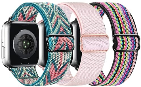 Stretchy Nylon Straps Compatible with Apple Watch Strap 38mm 40mm 41mm 42mm 44mm 45mm 46mm 49mm, Braided Sport Solo Loop Replacement Band for iWatch Series Ultra 10 9 8 7 6 SE 5 4 3 2 1, 3 Packs