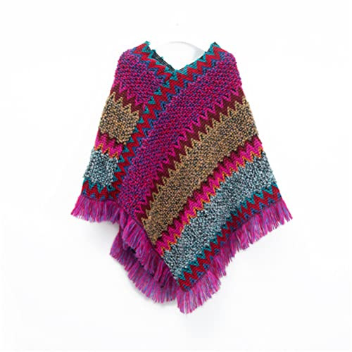 PEIHUODAN Poncho Schal Damen Winter Warmer Böhmischer Schalponcho Outdoor Kuschel Poncho Teenager Mädchen Mit Strick, Cape Für Frauen Aus Strickmaterial Mit Zierfransen, Bunt (Rose Rot)