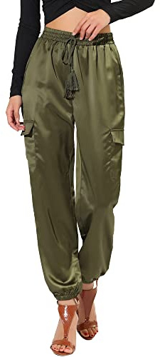 Allegra K Pantalon Cargo élastique Taille Haute en Satin Soyeux avec Cordon de Serrage pour Femmes Armée Verte L