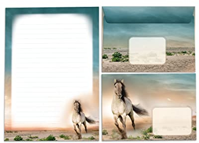 Briefpapier-Set für Mädchen Pferd Briefblock mit Umschlag für Kinder (Block A5 mit 25 Blätter + 15 Umschläge)